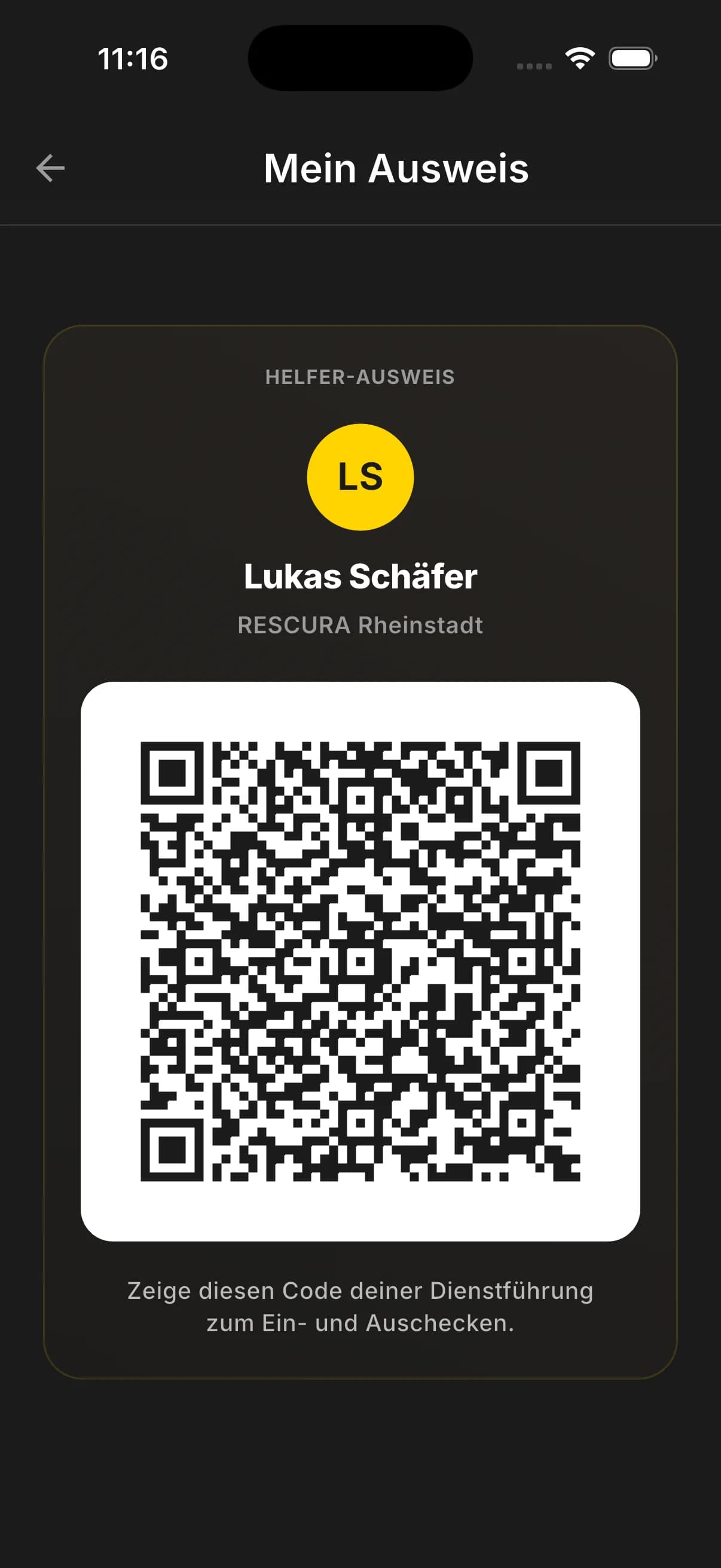 Screenshot des Helfer-Ausweises mit QR-Code in der RESCURA Mobile-App