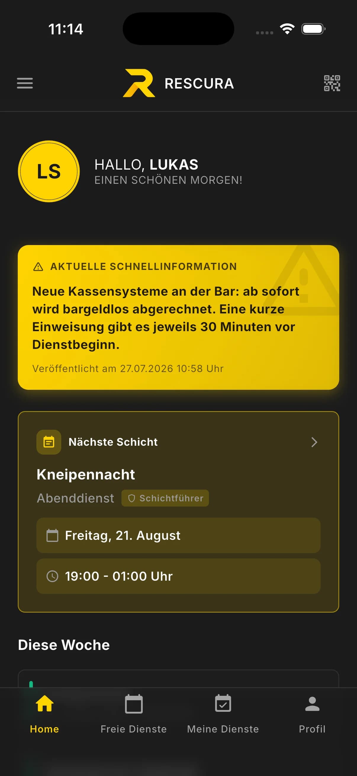 Screenshot der Startseite in der RESCURA Mobile-App