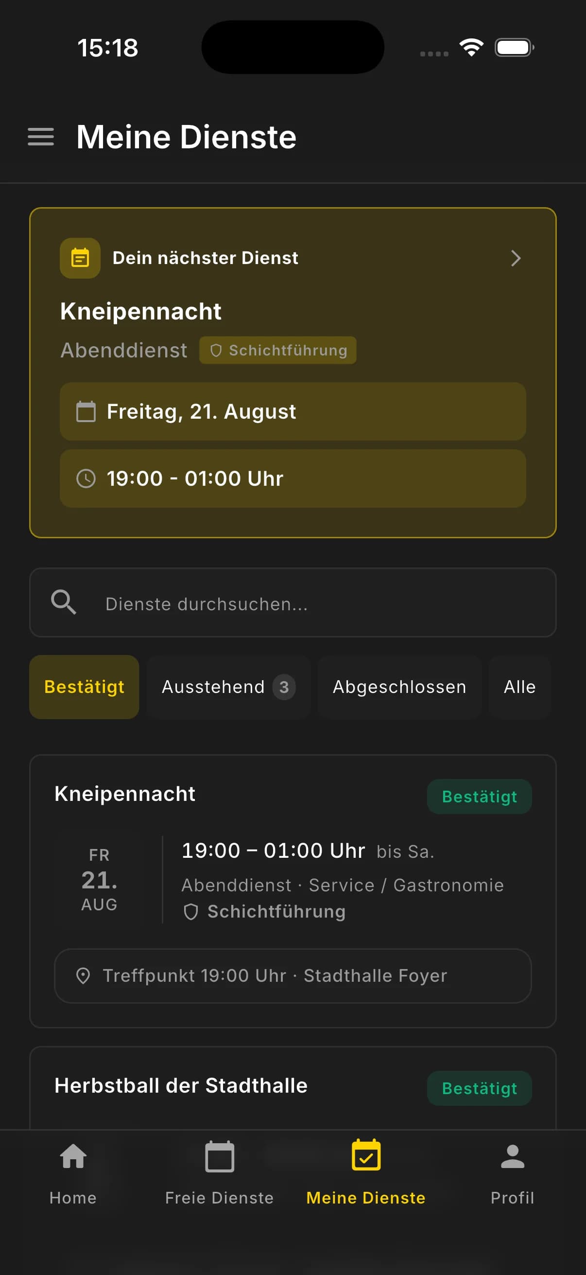 Screenshot der eigenen Dienste in der RESCURA Mobile-App
