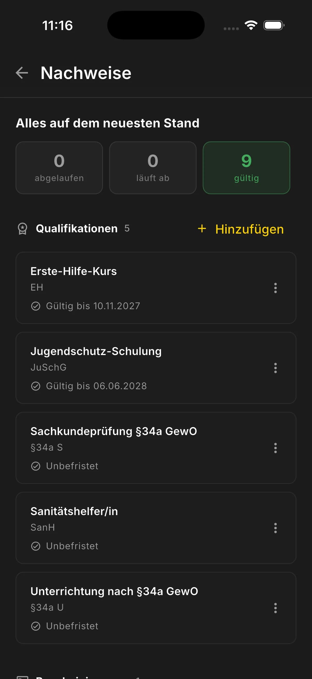 Screenshot des Profils mit Qualifikationen in der RESCURA Mobile-App