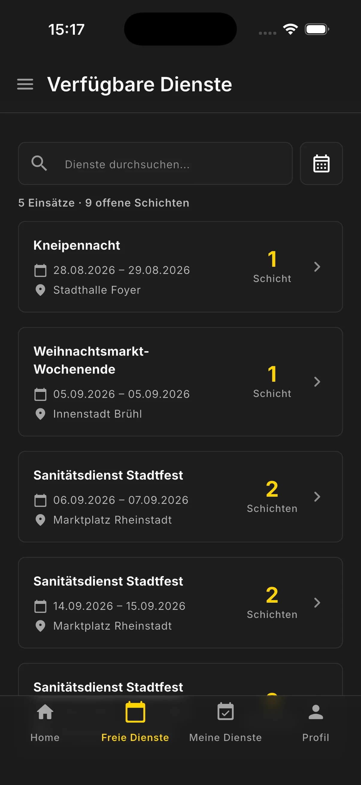 Screenshot der verfügbaren Dienste in der RESCURA Mobile-App