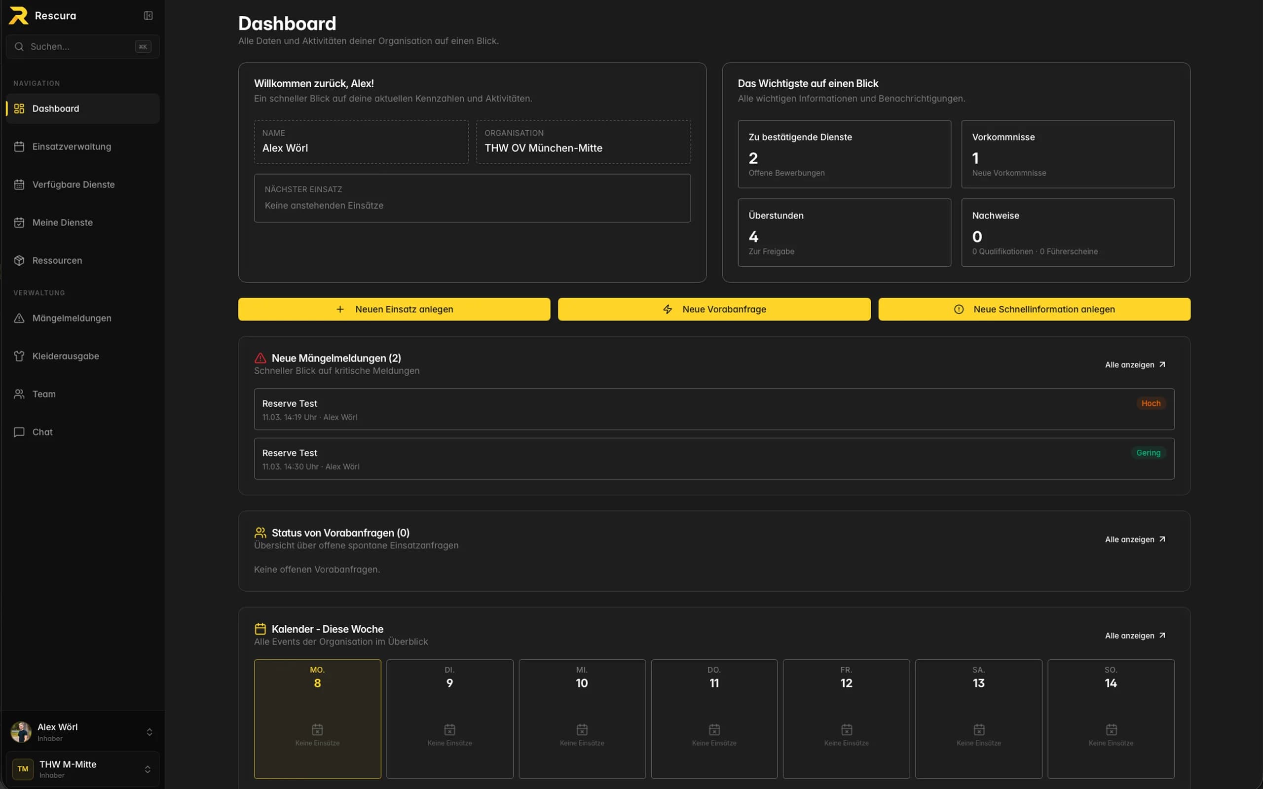 Screenshot des RESCURA Dashboards in der Web-App