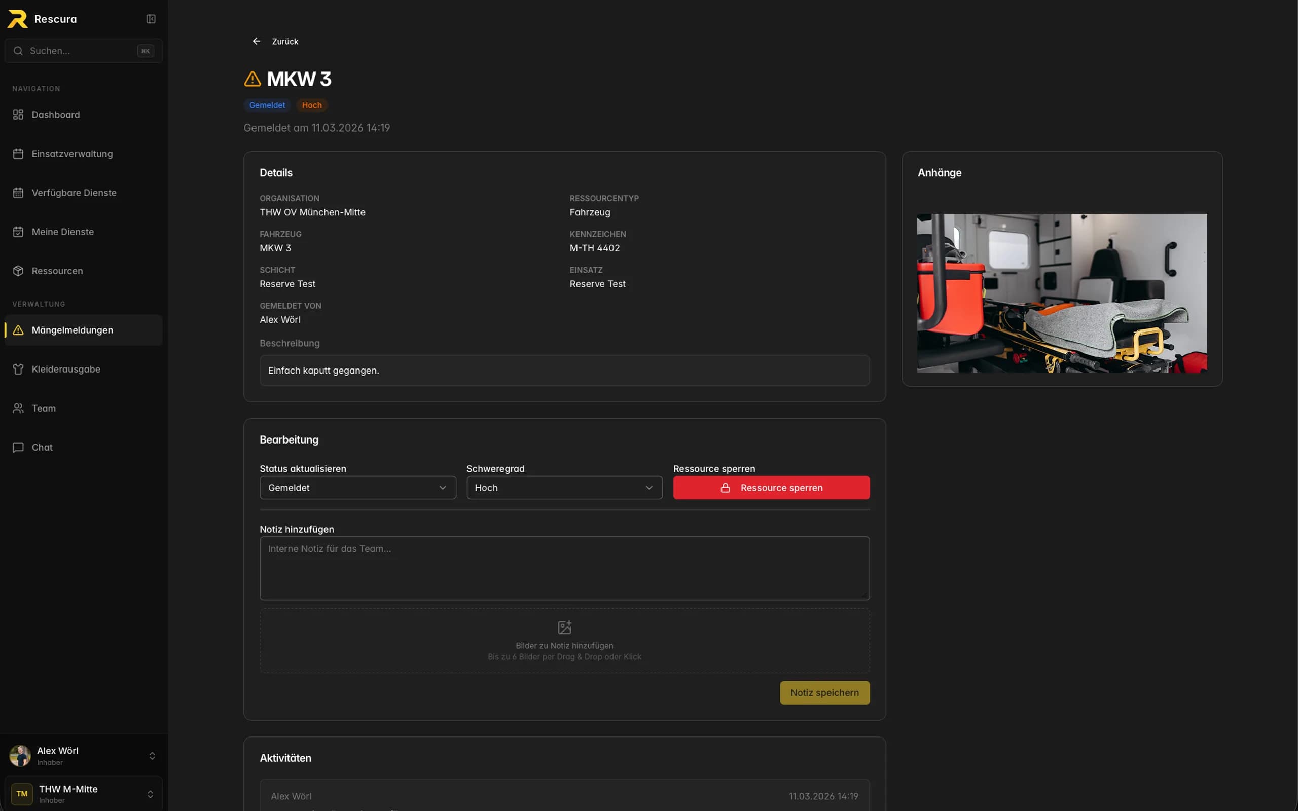 Screenshot der Dokumentation und Meldungen in der RESCURA Web-App