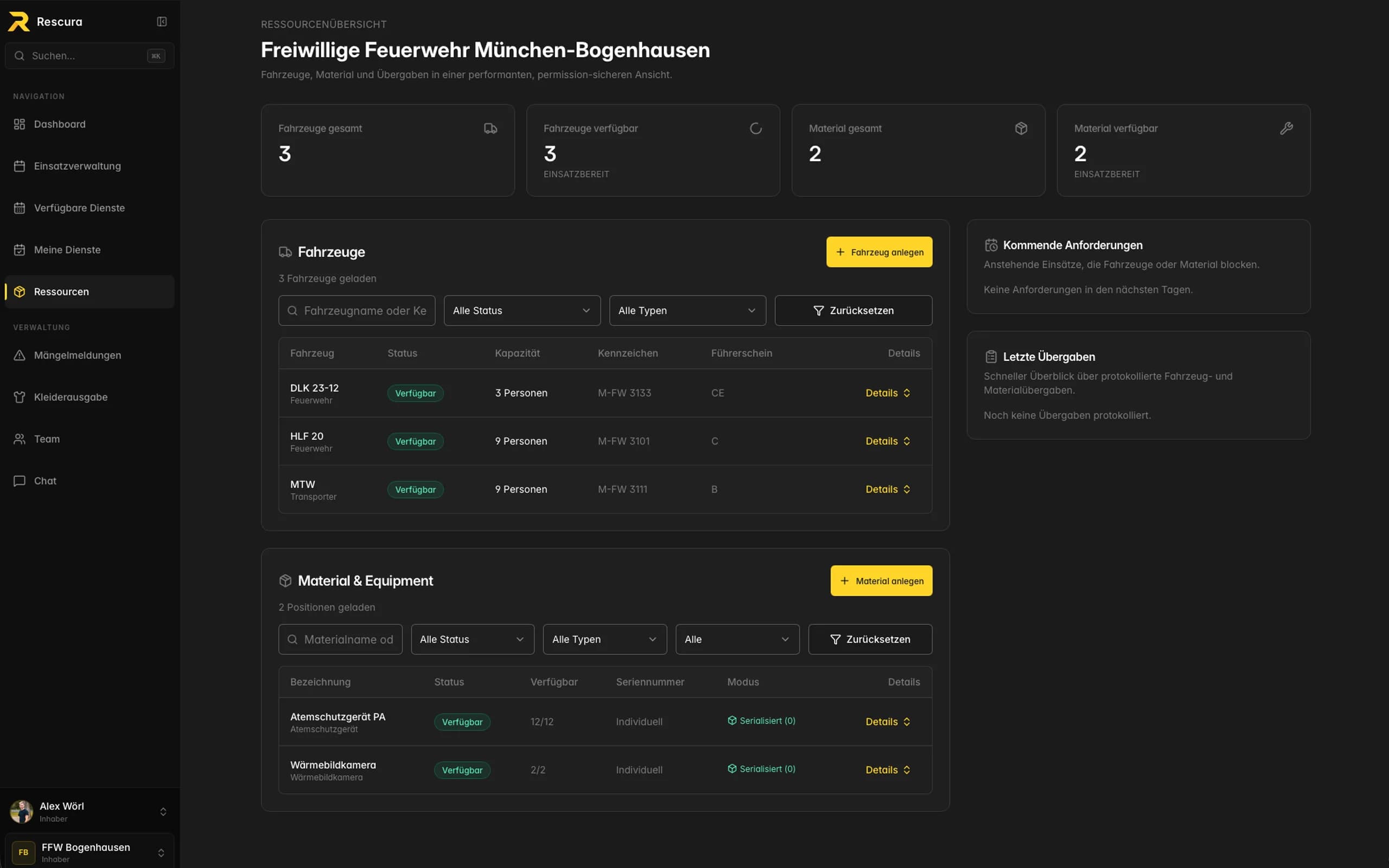 Screenshot der Fahrzeug- und Materialverwaltung in der RESCURA Web-App