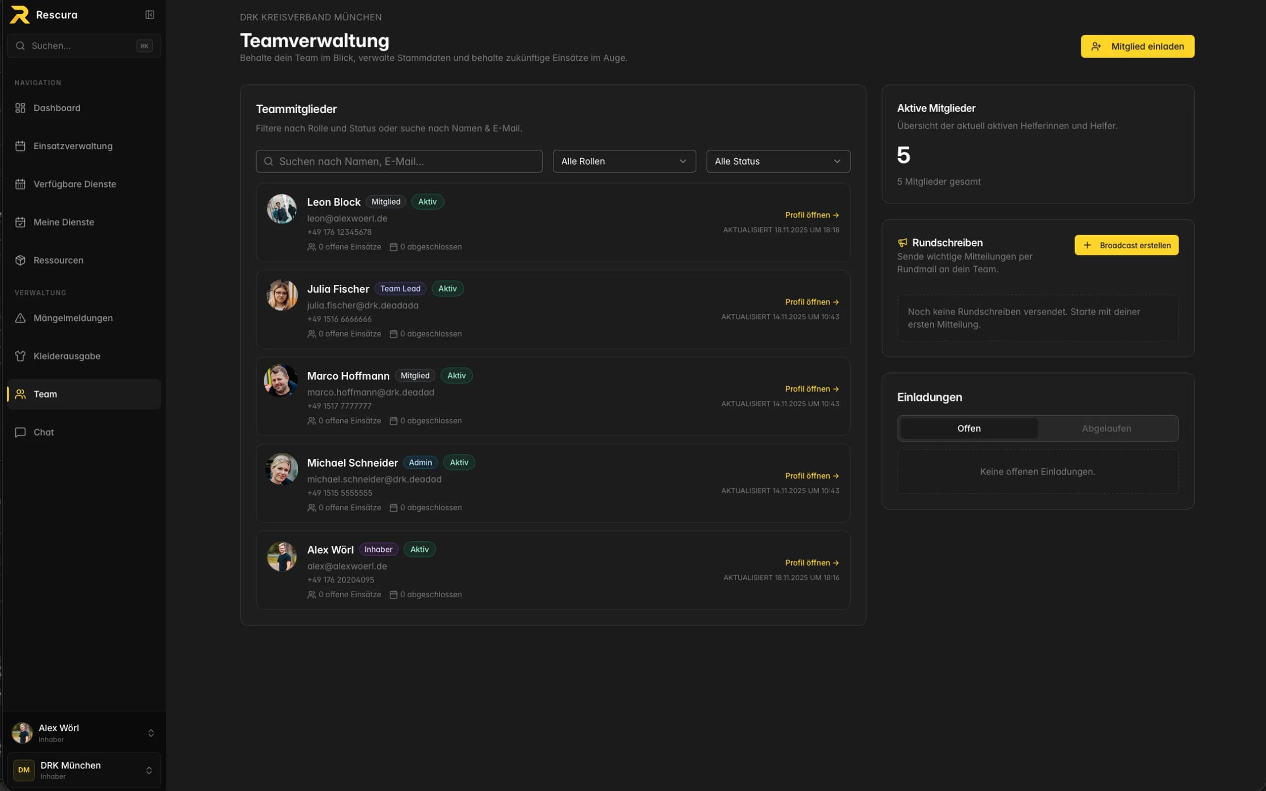 Screenshot der Helfer- und Qualifikationsverwaltung in der RESCURA Web-App