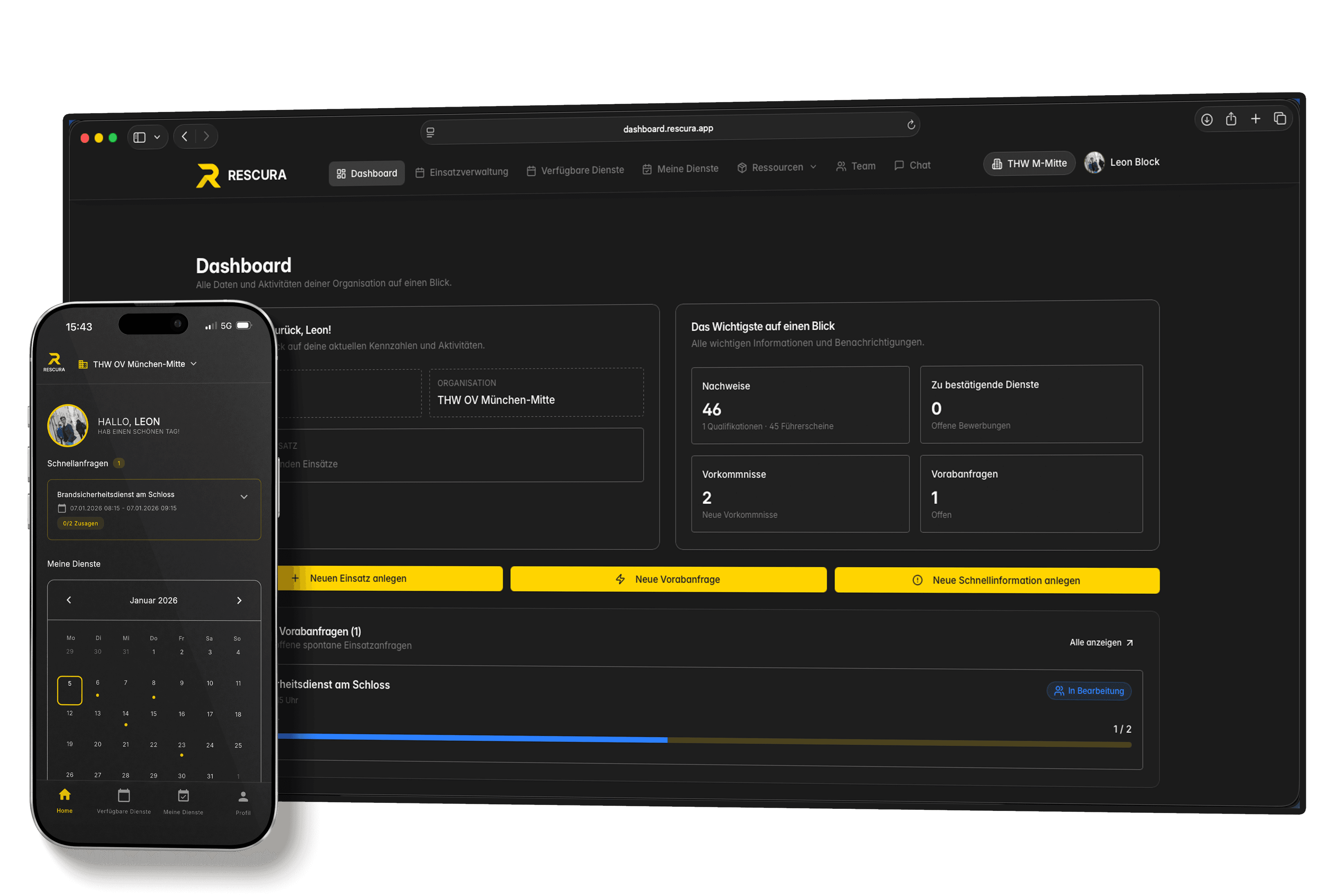 Rescura Dashboard und App – Dienstplanung im Überblick