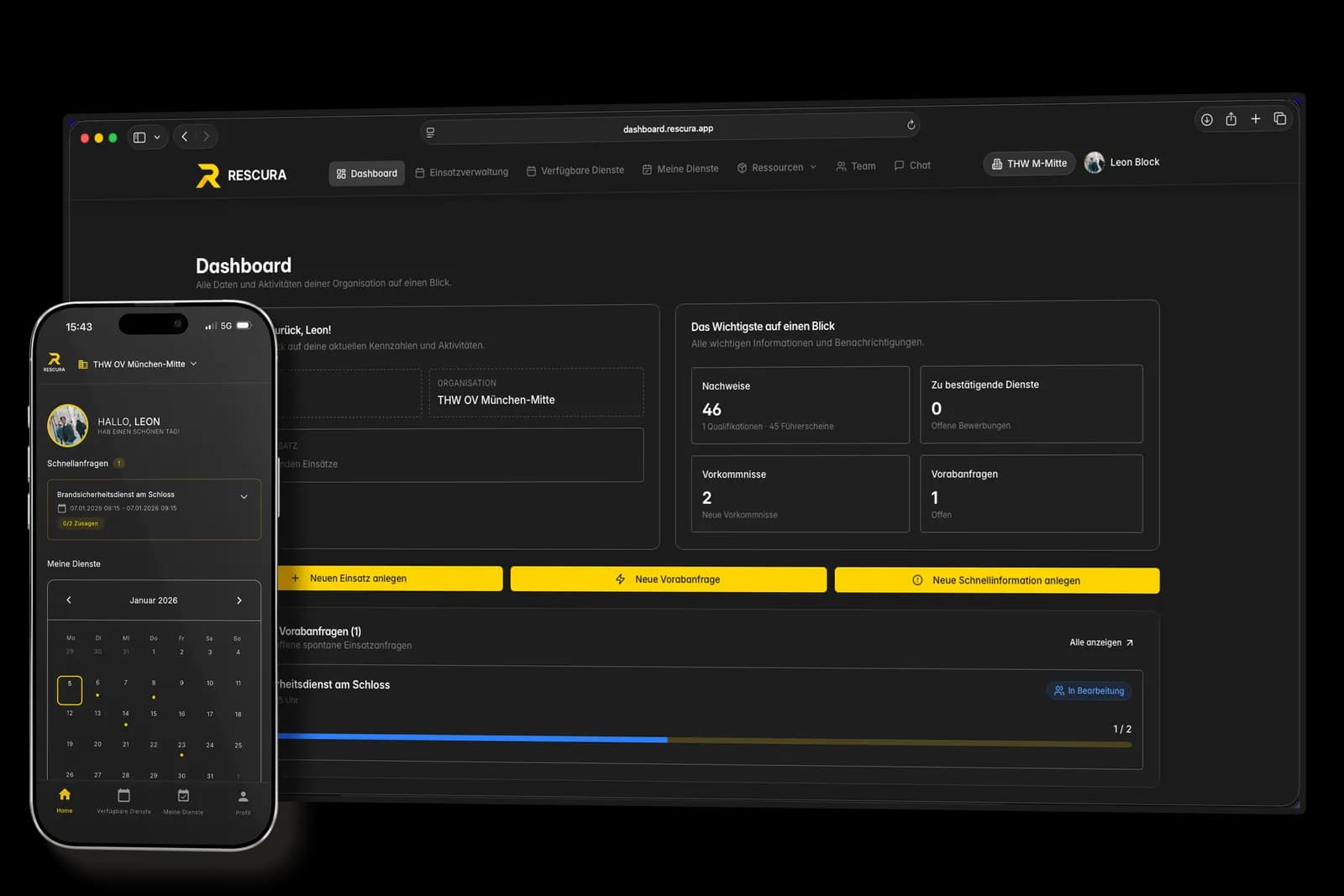 Rescura Dashboard und App – Dienstplanung im Überblick